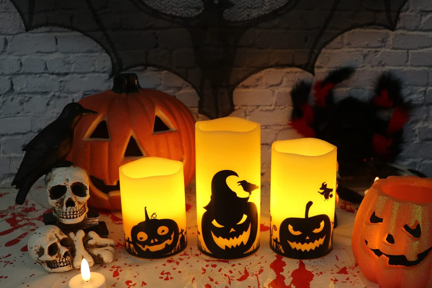 Halloween Flameless LED Pillar Candles with Timer and Pumpkin Decals, Set of 3 (3", 4", 5" Heights) for Spooky Fall Festival Decor