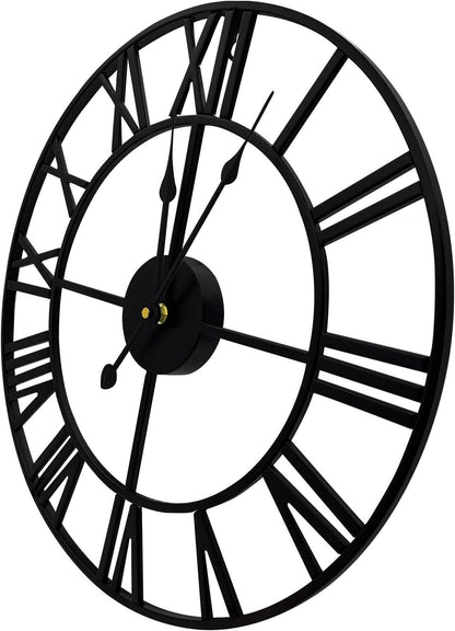 Large Modern 16" Silent Metal Wall Clock with Roman Numerals - Decorative Indoor Timepiece for Living Room, Kitchen, Bedroom, Office, and Farmhouse (Black)