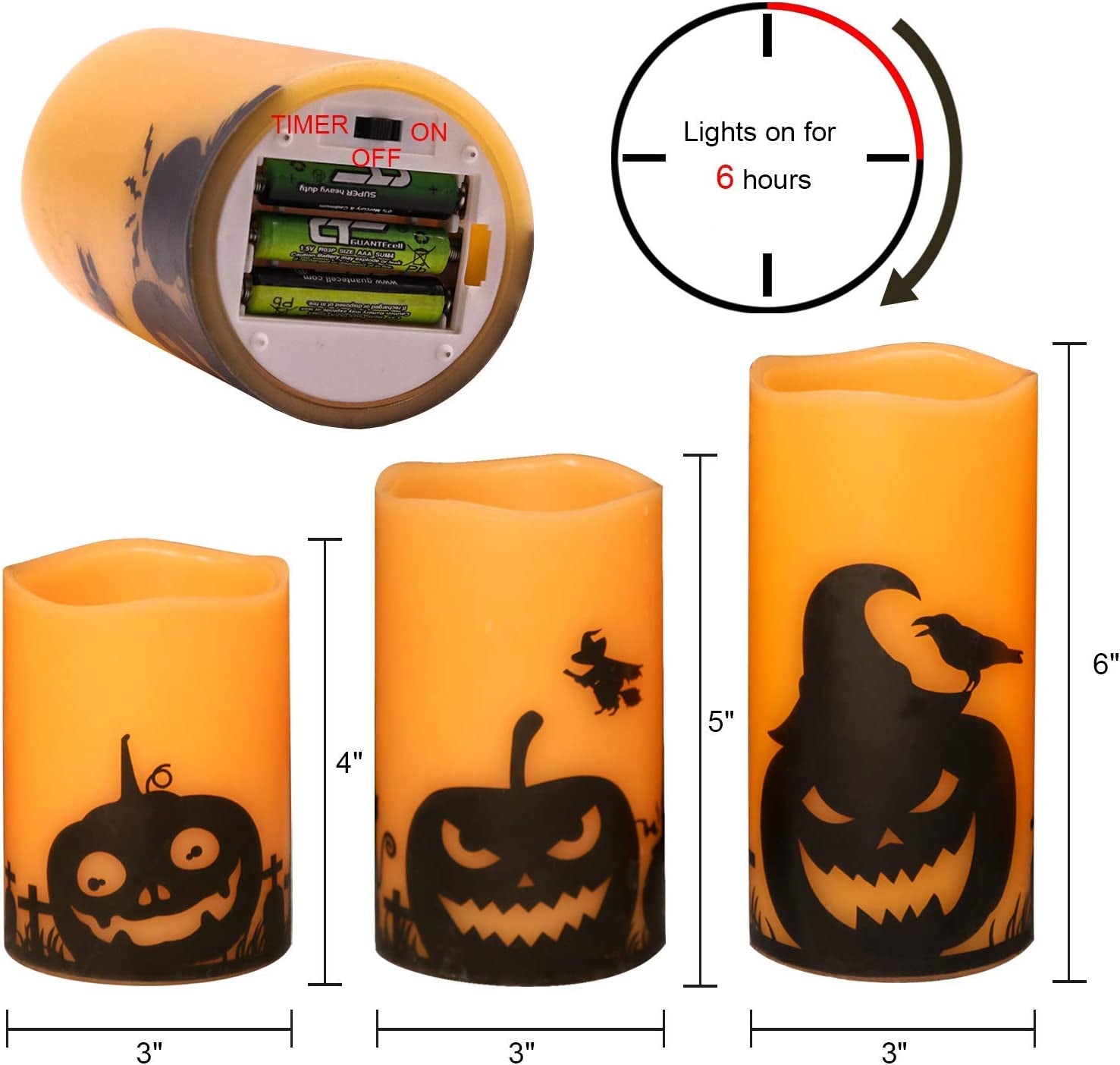 Halloween Flameless LED Pillar Candles with Timer and Pumpkin Decals, Set of 3 (3", 4", 5" Heights) for Spooky Fall Festival Decor