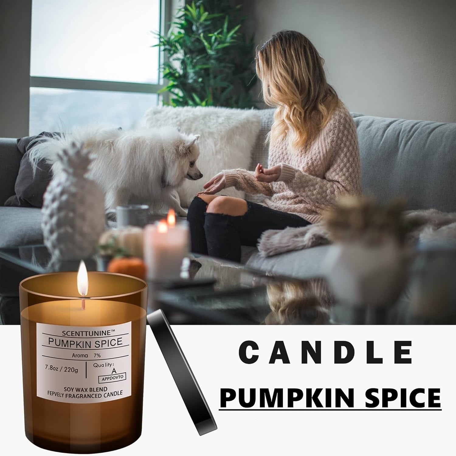 Organic Soy Wax Scented Candle - Pumpkin Spice, 7.8 oz Jar, 40-Hour Burn Time, Aromatherapy Fall Decor and Gift for Halloween