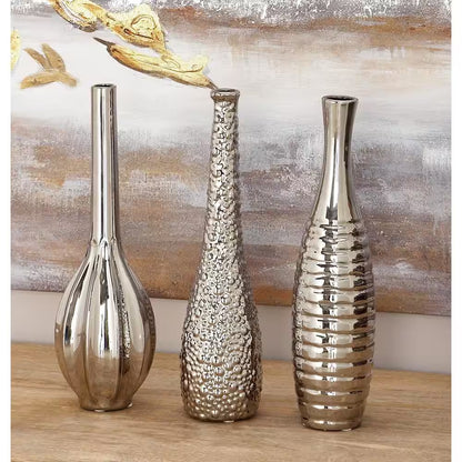 Elegant 3piece set Silver Slim Textured Bottleneck Ceramic Vase with Varying Patterns 