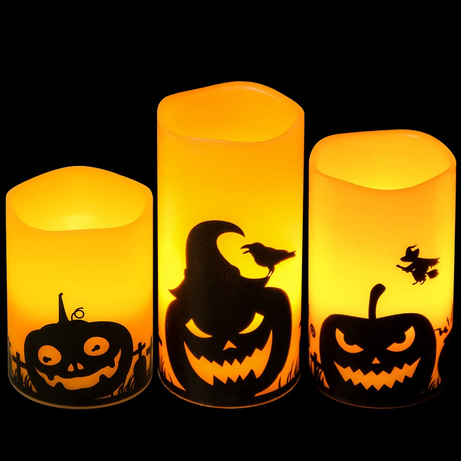 Halloween Flameless LED Pillar Candles with Timer and Pumpkin Decals, Set of 3 (3", 4", 5" Heights) for Spooky Fall Festival Decor