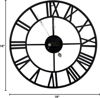 Large Modern 16" Silent Metal Wall Clock with Roman Numerals - Decorative Indoor Timepiece for Living Room, Kitchen, Bedroom, Office, and Farmhouse (Black)