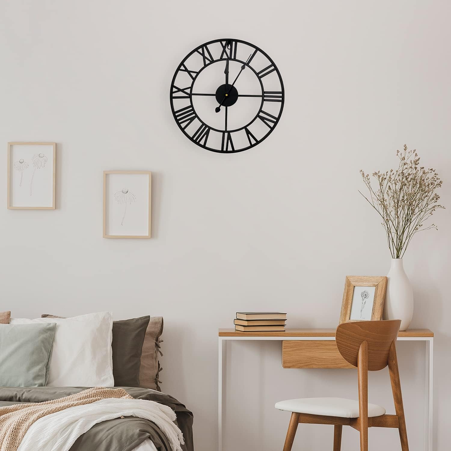 Large Modern 16" Silent Metal Wall Clock with Roman Numerals - Decorative Indoor Timepiece for Living Room, Kitchen, Bedroom, Office, and Farmhouse (Black)