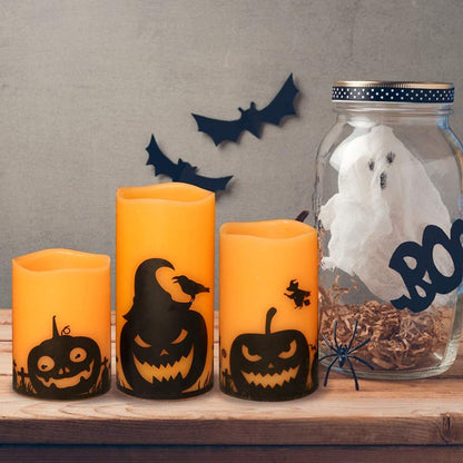 Halloween Flameless LED Pillar Candles with Timer and Pumpkin Decals, Set of 3 (3", 4", 5" Heights) for Spooky Fall Festival Decor