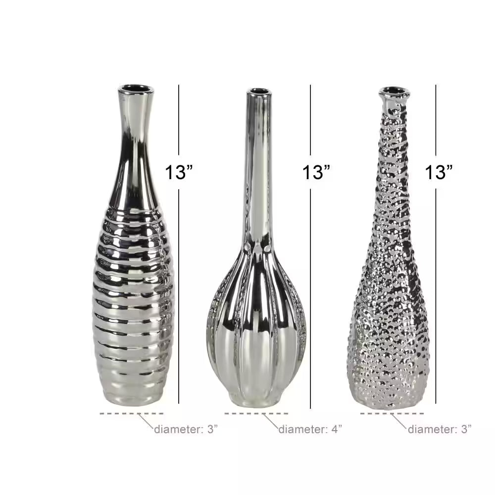 Elegant 3piece set Silver Slim Textured Bottleneck Ceramic Vase with Varying Patterns 