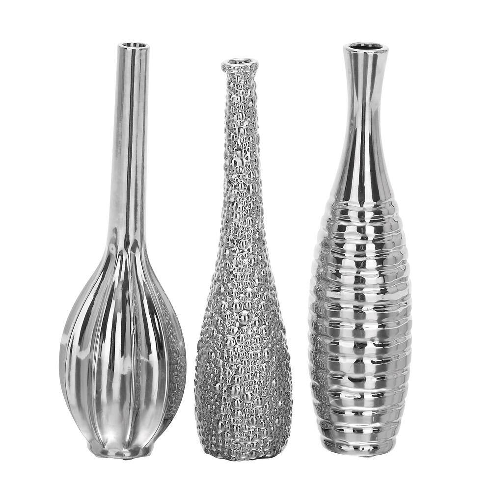 Elegant 3piece set Silver Slim Textured Bottleneck Ceramic Vase with Varying Patterns 