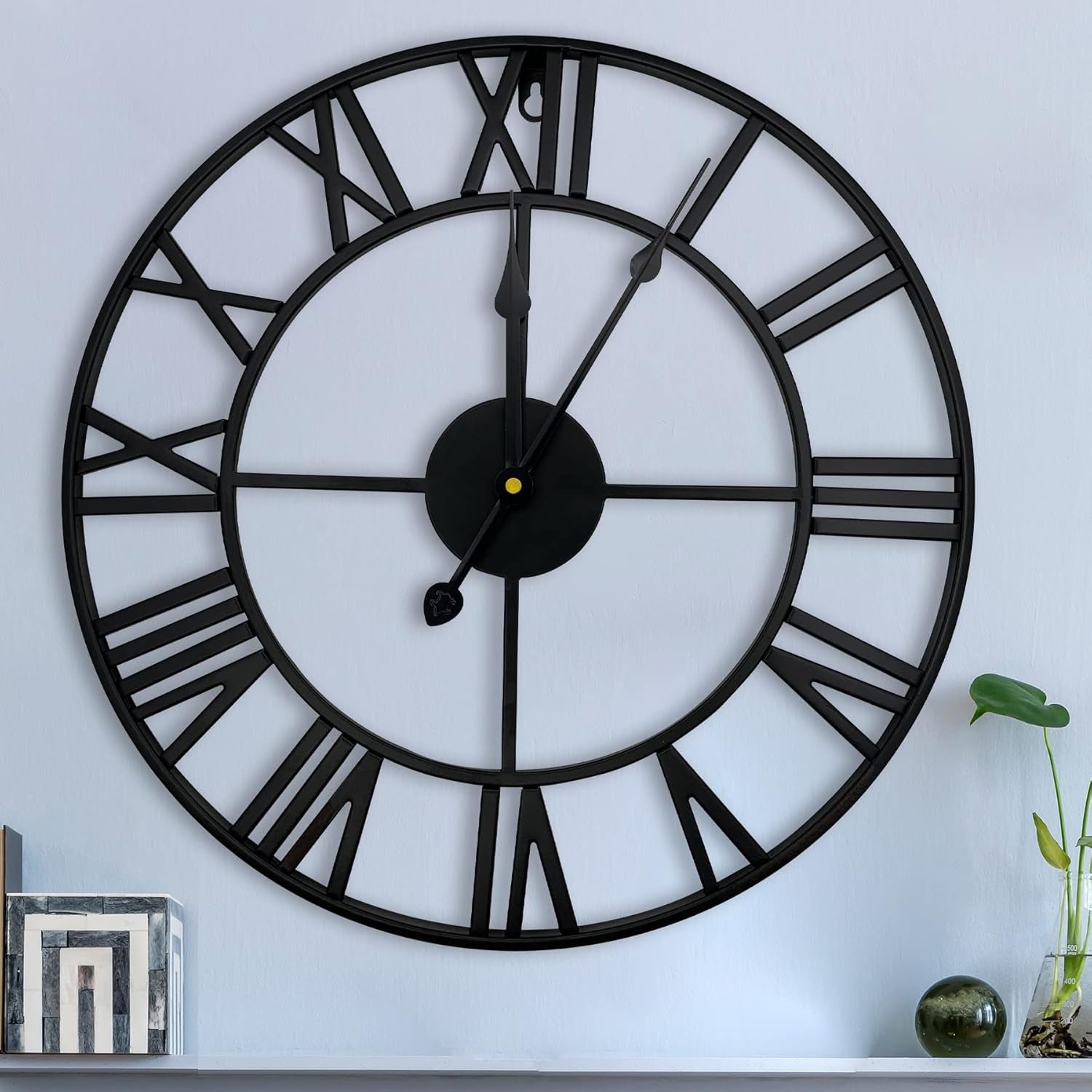 Large Modern 16" Silent Metal Wall Clock with Roman Numerals - Decorative Indoor Timepiece for Living Room, Kitchen, Bedroom, Office, and Farmhouse (Black)