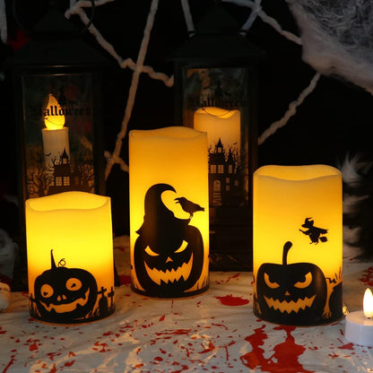 Halloween Flameless LED Pillar Candles with Timer and Pumpkin Decals, Set of 3 (3", 4", 5" Heights) for Spooky Fall Festival Decor