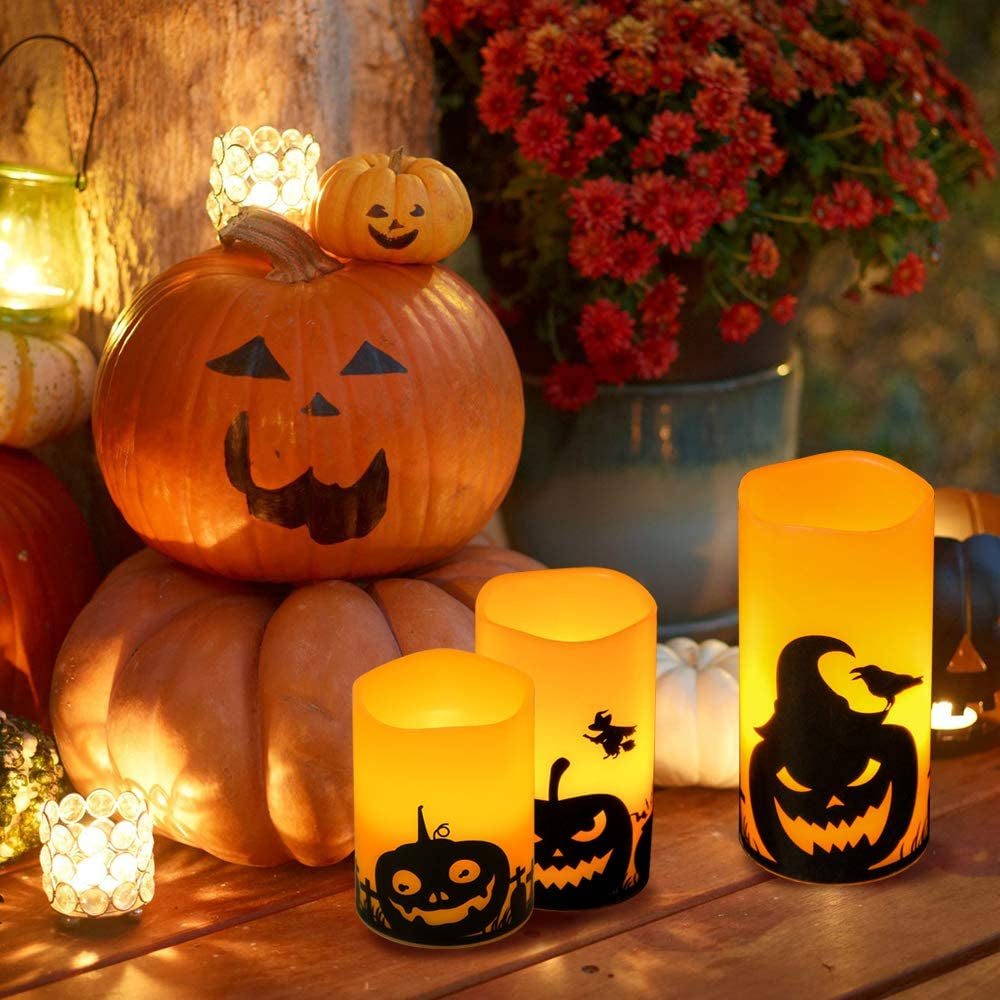 Halloween Flameless LED Pillar Candles with Timer and Pumpkin Decals, Set of 3 (3", 4", 5" Heights) for Spooky Fall Festival Decor